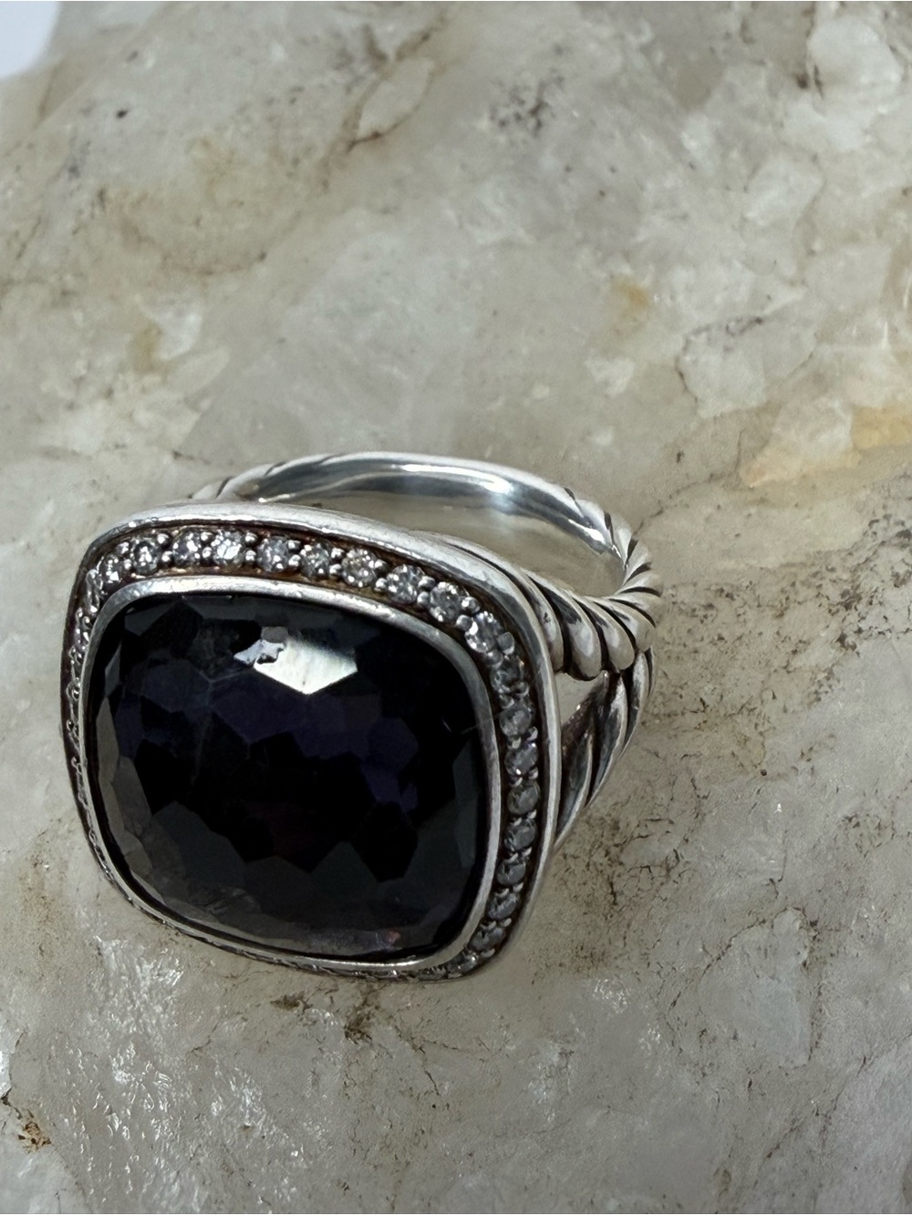 David Yurman Sterling Silver Ring with Deep Purple Cushion Stone and Pavรฉ Halo
